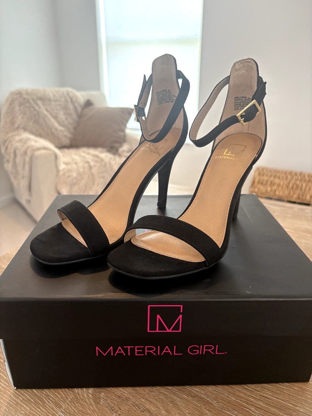 Material Girl Black Faux Suede Ankle Strap Heels Size 6M MBLAIRER Stiletto